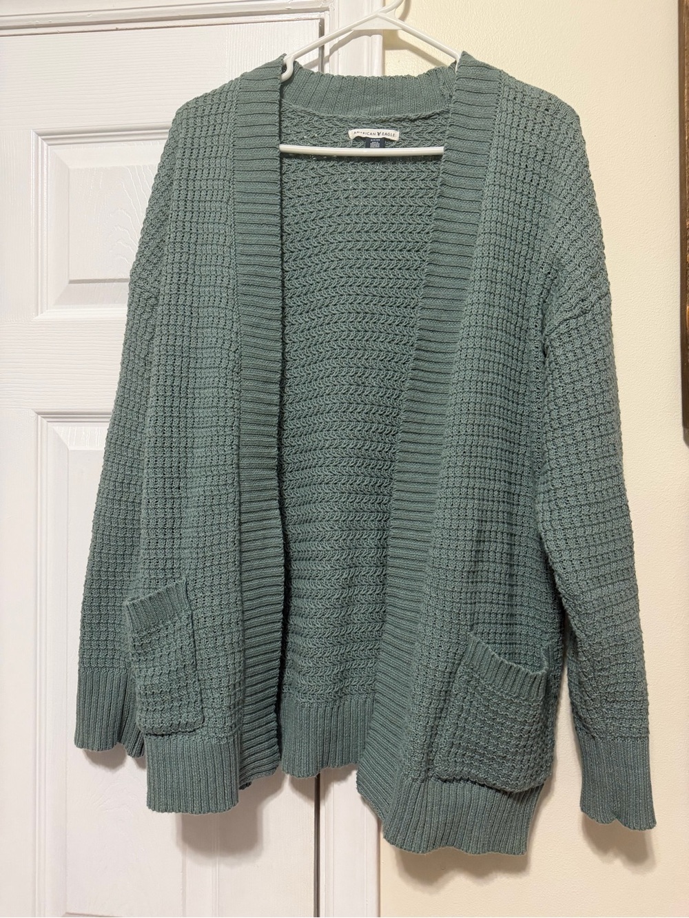 American Eagle Outfitters Seafoam Green Open-Front Waffle Knit Cardigan